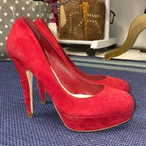 red miu miu suede platform pumps